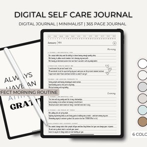 May include: A digital journal with a minimalist design. The journal is open to January 1st and includes sections for gratitude, positive thoughts, things looking forward to, and a morning and evening routine. The journal is available in six colors.