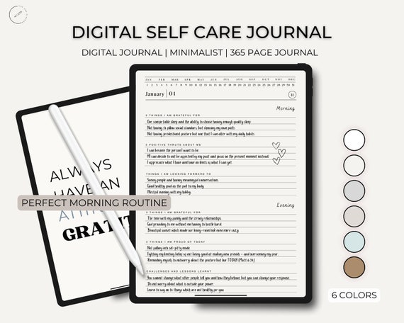 Digital Self-Care Journal, 5 Minute Journal, Morning Evening Gratitude, 365 days journal, Self-care Journal, Goodnotes Journal Aesthetic