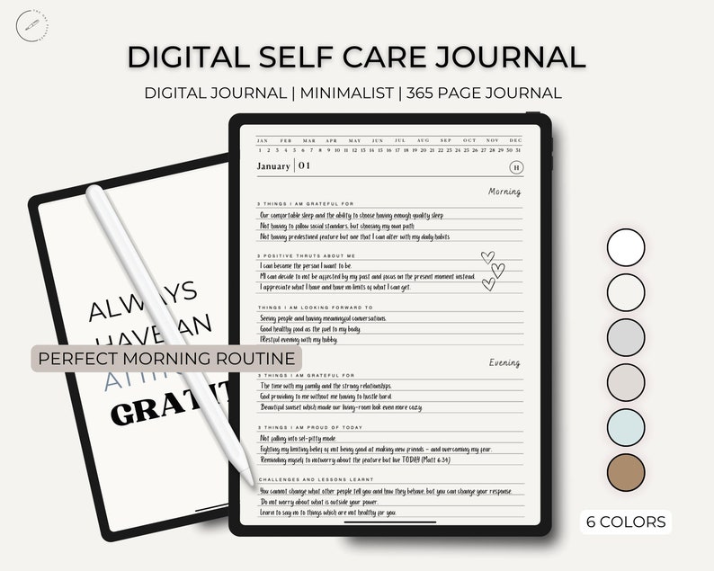 K&ouml;nnte beinhalten: Ein digitales Journal mit minimalistischem Design. Das Journal ist f&uuml;r den 1. Januar ge&ouml;ffnet und enth&auml;lt Abschnitte f&uuml;r Dankbarkeit, positive Gedanken, Dinge, auf die man sich freut, sowie eine Morgen- und Abendroutine. Das Journal ist in sechs Farben erh&auml;ltlich.