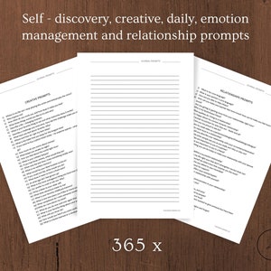 May include: A set of printable journal prompts for self-discovery, creativity, daily reflection, emotion management, and relationships. The prompts are organized into three categories: Creative, Daily, and Relationships. The pages are white with black text.
