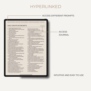 May include: A digital journal app with a gray background and a white screen displaying a list of daily gratitude prompts. The app is titled "Daily Gratitude Prompts" and includes prompts such as "What is something that happened today that you are grateful for?" and "What are you most proud of today?"