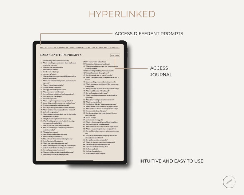 May include: A digital journal app with a gray background and a white screen displaying a list of daily gratitude prompts. The app is titled "Daily Gratitude Prompts" and includes prompts such as "What is something that happened today that you are grateful for?" and "What are you most proud of today?"