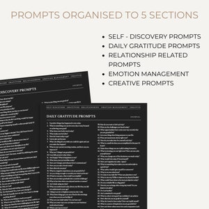 May include: Two black and white journal pages with prompts for self-discovery, daily gratitude, relationships, emotion management, and creative writing. The text "PROMPTS ORGANISED TO 5 SECTIONS" is at the top. The journal pages are on a light beige background.