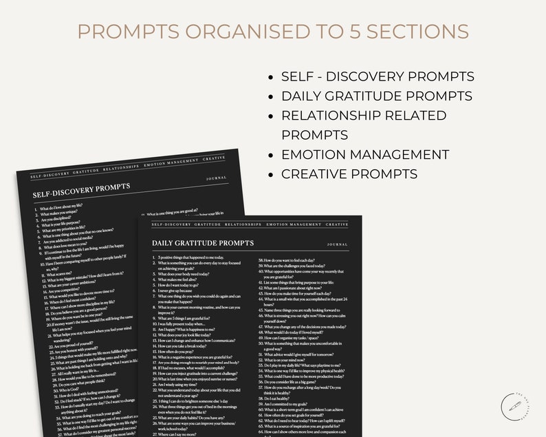 May include: Two black and white journal pages with prompts for self-discovery, daily gratitude, relationships, emotion management, and creative writing. The text "PROMPTS ORGANISED TO 5 SECTIONS" is at the top. The journal pages are on a light beige background.