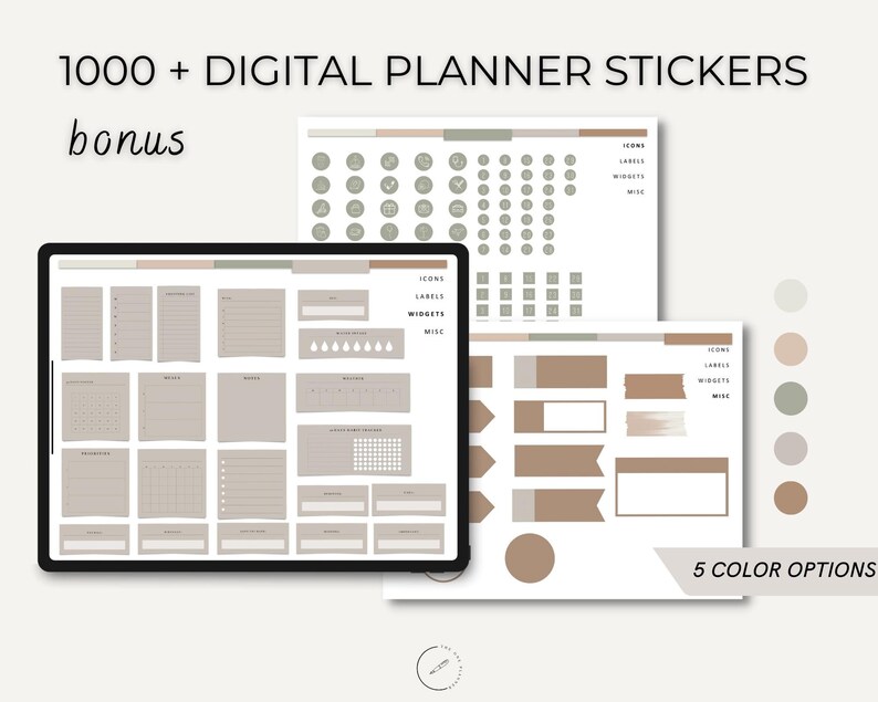 May include: Digital planner stickers with over 1000 icons, labels, widgets, and miscellaneous elements. The stickers are in a neutral color palette of beige, brown, and gray. There are five color options available.
