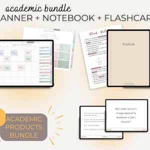 May include: A digital planner, notebook, and flashcards bundle for students. The planner has a school schedule page with a light gray background and black text. The notebook is beige with black text. The flashcards are white with black text. The text "3 ACADEMIC PRODUCTS BUNDLE" is on a gray background with yellow stars.
