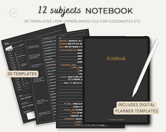 Dark Mode Digital Notebook | 12 Section Dividers | 40 Digital Page Templates | Goodnotes Notability Notebook | Black Portrait Notebook