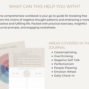 May include: A workbook with a pink and white color scheme, titled "What Can This Help You With?"  The workbook is described as a comprehensive guide for breaking free from negative thought patterns. The workbook includes a visual of a wheel with different emotions, a journal prompt section, and a worksheet titled "Negative Self-Talk". The workbook also lists areas covered in the journal, including Catastrophising, Overthinking, Negative Self-Talk, Perfectionism, People Pleasing, Emotion Wheel, and Daily Check-in.