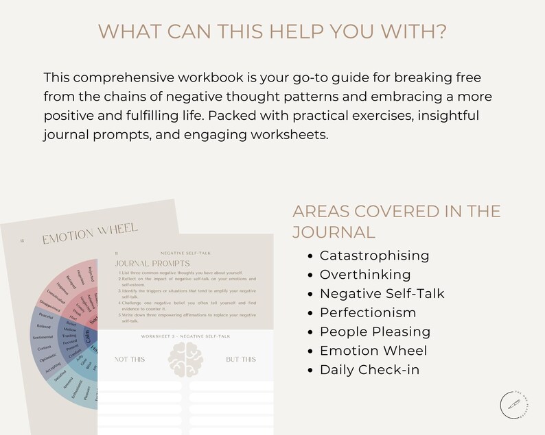 May include: A workbook with a pink and white color scheme, titled "What Can This Help You With?"  The workbook is described as a comprehensive guide for breaking free from negative thought patterns. The workbook includes a visual of a wheel with different emotions, a journal prompt section, and a worksheet titled "Negative Self-Talk". The workbook also lists areas covered in the journal, including Catastrophising, Overthinking, Negative Self-Talk, Perfectionism, People Pleasing, Emotion Wheel, and Daily Check-in.
