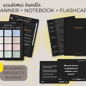 May include: A digital planner, notebook, and flashcards bundle for academic use. The planner has a black cover with the word "EDUCATION" at the top. The notebook has a black cover with the word "Notebook" in gold lettering. The flashcards are black with white text. The bundle includes 3 academic products.