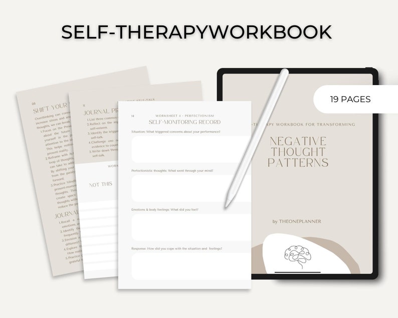May include: A digital workbook titled "Self-Therapy Workbook: Negative Thought Patterns" with a beige background and a brain illustration. The workbook is 19 pages long and is by TheOnePlanner.