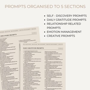 May include: A printable worksheet with prompts organized into five sections: Self-Discovery, Daily Gratitude, Relationship Related, Emotion Management, and Creative. The worksheet is designed to help users explore their thoughts and feelings.