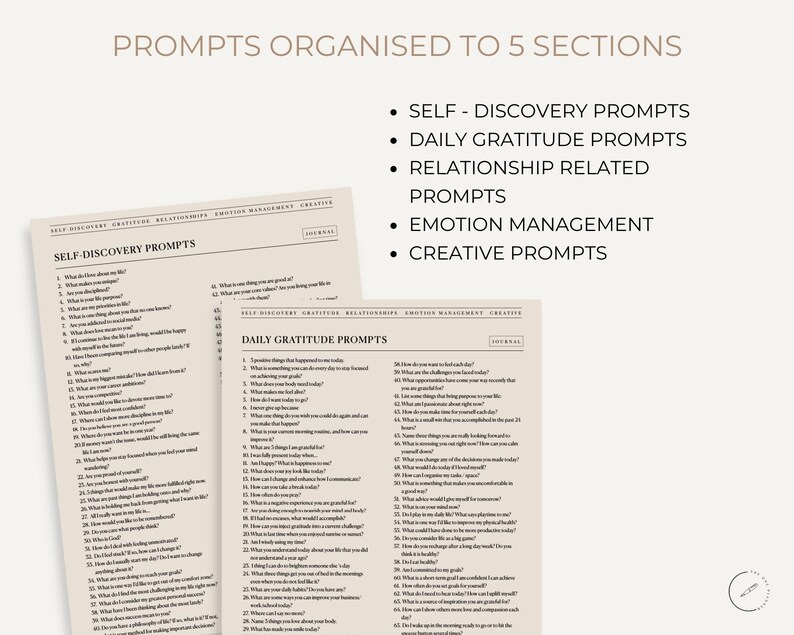 May include: A printable worksheet with prompts organized into five sections: Self-Discovery, Daily Gratitude, Relationship Related, Emotion Management, and Creative. The worksheet is designed to help users explore their thoughts and feelings.