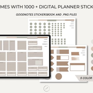 K&ouml;nnte beinhalten: Digitale Planer-Sticker f&uuml;r die Goodnotes-App. Das Bild zeigt einen digitalen Planer mit einer Vielzahl von Stickern, darunter Icons, Etiketten, Widgets und diverse Sticker. Die Sticker sind in einer neutralen Farbpalette aus Beige, Braun und Grau gehalten. Es stehen f&uuml;nf Farboptionen zur Auswahl.