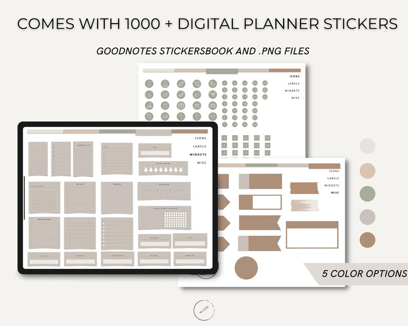 K&ouml;nnte beinhalten: Digitale Planer-Sticker f&uuml;r die Goodnotes-App. Das Bild zeigt einen digitalen Planer mit einer Vielzahl von Stickern, darunter Icons, Etiketten, Widgets und diverse Sticker. Die Sticker sind in einer neutralen Farbpalette aus Beige, Braun und Grau gehalten. Es stehen f&uuml;nf Farboptionen zur Auswahl.