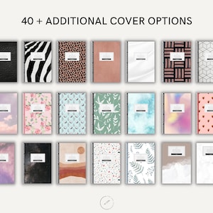 May include: A collection of spiral-bound notebooks with various cover designs, including animal prints, floral patterns, and abstract art. Each notebook features a white label with the text "DIGITAL PLANNER". The image includes the text "40 + ADDITIONAL COVER OPTIONS".
