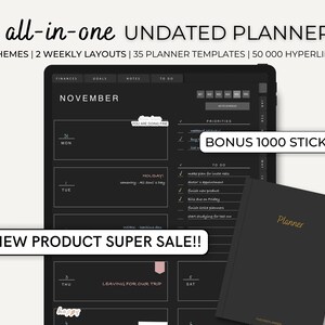Undated Dark Mode Digital Planner for Goodnotes/Notability, Hyperlinked Black & White Digital Planner For Ipad and Tablets, Digital Stickers
