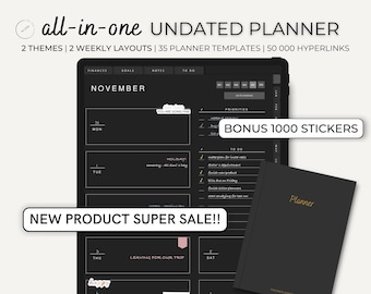 Undated Dark Mode Digital Planner for Goodnotes/Notability, Hyperlinked Black & White Digital Planner For Ipad and Tablets, Digital Stickers