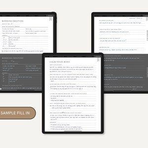 May include: Three printable pages for a morning routine planner. The pages are gray with white text and include sections for "Morning Routine", "Calm Your Mind", and "Evening Routine".