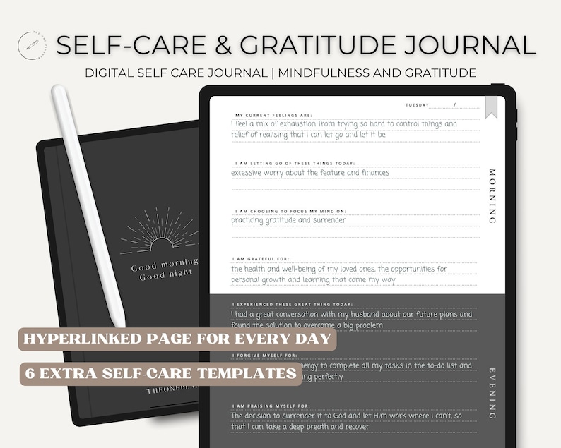 May include: A digital self-care and gratitude journal with a black and white design. The journal includes prompts for morning and evening reflection, such as "My current feelings are", "I am letting go of these things today", "I am grateful for", "I experienced these great things today", "I forgive myself for", and "I am praising myself for".