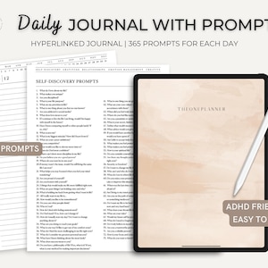 Digital Journal with 365 Prompts, Daily Digital Journal, Digital Diary For Every day, One Page a Day Journal, White Paper, Therapy Journal