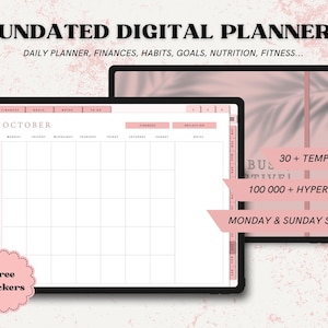 Op de afbeelding: Een digitale plannertemplate met een roze en witte kleurstelling. De planner bevat secties voor financiën, doelen, gewoontes, voeding en fitness. De tekst "OCTOBER" is zichtbaar bovenaan de planner. De planner bevat ook meer dan 30 sjablonen en meer dan 100.000 hyperlinks. De tekst "free stickers" is zichtbaar in een cirkel linksonder in de afbeelding.