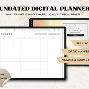 May include: A digital planner with a monthly calendar view for August. The planner includes sections for finances, goals, notes, and to-do lists. The planner also includes 30+ templates, 100,000+ hyperlinks, and a Monday or Sunday start option.