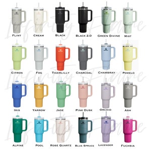 May include: A collection of 20 different color stainless steel tumblers with a straw and handle. The tumblers are arranged in four rows of five. The colors include: Flint, Cream, Black, Black 2.0, Green Divine, Mist, Citron, Fog, Tigerlilly, Charcoal, Chambray, Pomelo, Iris, Yarrow, Jade, Pink Dusk, Orchid, Ash, Alpine, Pool, Rose Quartz, Blue Spruce, Lavender, and Fuchsia.