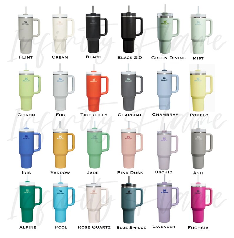 May include: A collection of 20 different color stainless steel tumblers with a straw and handle. The tumblers are arranged in four rows of five. The colors include: Flint, Cream, Black, Black 2.0, Green Divine, Mist, Citron, Fog, Tigerlilly, Charcoal, Chambray, Pomelo, Iris, Yarrow, Jade, Pink Dusk, Orchid, Ash, Alpine, Pool, Rose Quartz, Blue Spruce, Lavender, and Fuchsia.