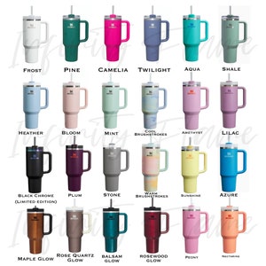 May include: A collection of 20 different color and design insulated tumblers with a handle and a straw. The tumblers are arranged in four rows of five tumblers each. The tumblers are all the same size and shape. The colors include frost, pine, camellia, twilight, aqua, shale, heather, bloom, mint, cool brushstrokes, amethyst, lilac, black chrome, plum, stone, warm brushstrokes, sunshine, azure, maple glow, rose quartz glow, balsam glow, rosewood glow, peony, and nectarine.