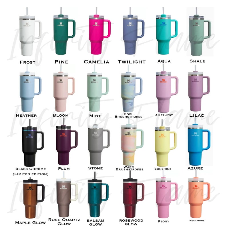 May include: A collection of 20 different color and design insulated tumblers with a handle and a straw. The tumblers are arranged in four rows of five tumblers each. The tumblers are all the same size and shape. The colors include frost, pine, camellia, twilight, aqua, shale, heather, bloom, mint, cool brushstrokes, amethyst, lilac, black chrome, plum, stone, warm brushstrokes, sunshine, azure, maple glow, rose quartz glow, balsam glow, rosewood glow, peony, and nectarine.