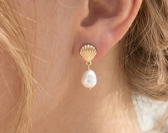 Seashell Pearl Drop Earrings • 14k Gold Plated Sterling Silver Beach Jewelry