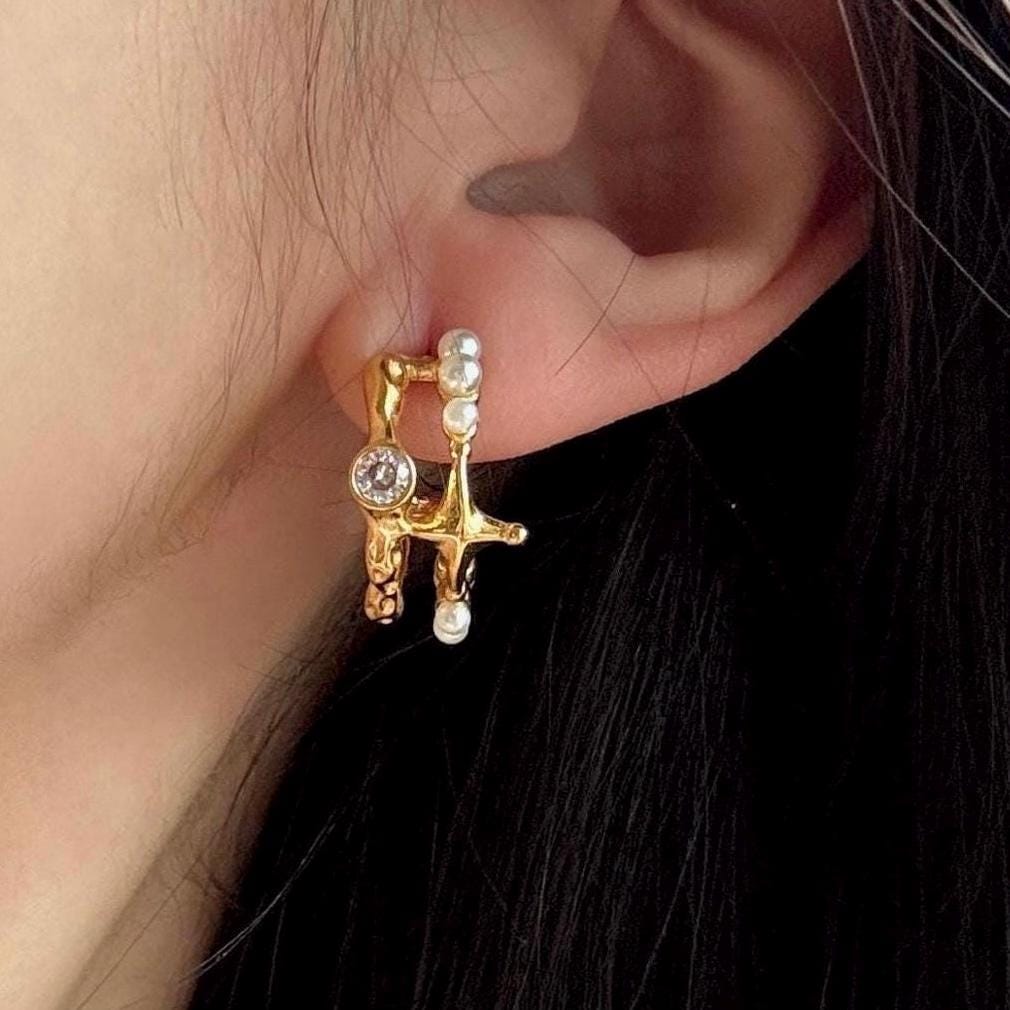 Double Gold Pearl Statement Earrings • Sculptural Baroque