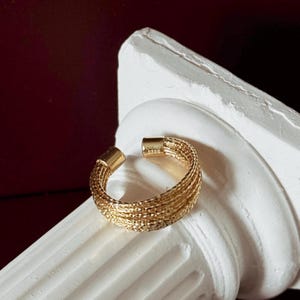 Peut inclure: Une bague ouverte dorée présentant une texture tressée à plusieurs brins. L'anneau est composé de plusieurs fils métalliques fins et interconnectés avec une finition facettée. L'intérieur de l'anneau porte l'inscription gravée S925.