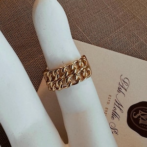 Double Chain Links Gold Thick Band Ring / 925 Silver & 14k Plated / Adjustable
