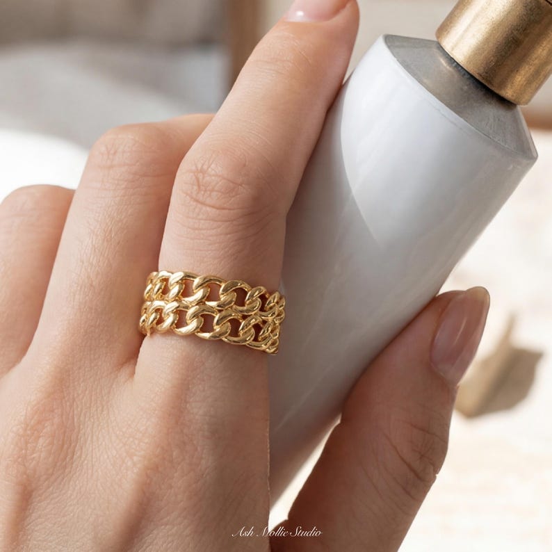 Easy Problem Statement Double Chain Thick Band Statement Ring • 14k Gold Plated 925 Sterling ...