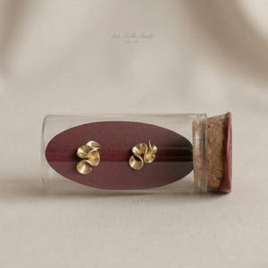 May include: Gold-coloured, abstract earrings presented in a clear glass vial with a cork stopper. The earrings rest on a maroon background. The vial is labelled with the text "Ash Mollie Studio ESTD 2021".