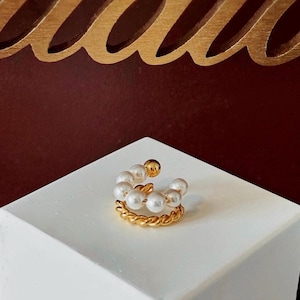 Double Hoop Pearl Ear Cuff / Double Hoop Shell Pearl & Braided Twisted Rope Gold Ear Cuff / Luxurious 925 sterlring Silver 14k Gold Plated