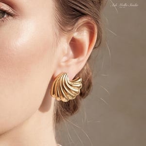 Chunky Gold Seashell Earrings, Vintage Style Statement Jewelry