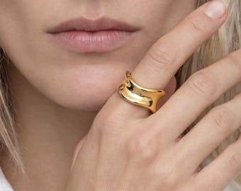 Chunky Gold Plated Sterling Silver Statement Ring • Adjustable Modern Jewelry