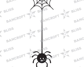 May include: A black spider with a smiling face hangs from a web. The spider is suspended from a thin line attached to a web above.