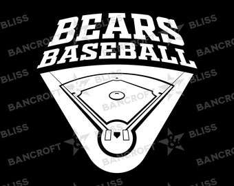 Pode incluir: Design gráfico em preto e branco de um campo de beisebol com as palavras "BEARS BASEBALL" acima. O design inclui um diamante de beisebol, bases e um monte de arremesso. O texto "LIGHT AND DARK VERSIONS!" está no topo do design. O texto "SVG & PNG" está na parte inferior do design.