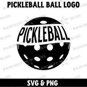 May include: Black and white silhouette of a pickleball with the word "Pickleball" written across the ball. The text "SVG & PNG" is below the ball.