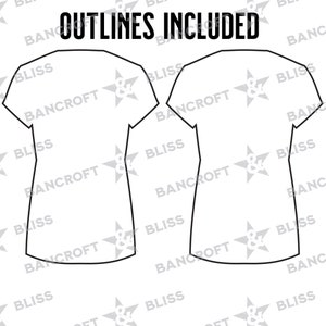 May include: Two black and white outlines of t-shirts. The outlines are simple and include the neck, sleeves, and body of the shirts. The text "OUTLINES INCLUDED" is at the top of the image.