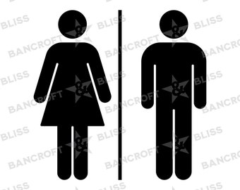 Può includere: Cartello del bagno in bianco e nero con la scritta "RESTROOM SIGN" in alto. Il cartello presenta sagome stilizzate di una donna e un uomo, separate da una linea verticale. La parte inferiore del cartello recita "SVG & PNG".