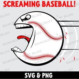 May include: A white baseball with red stitching is depicted with a cartoon-style face, screaming with its mouth wide open and tongue sticking out. The baseball is flying through the air, with a motion blur effect behind it. The text "SCREAMING BASEBALL!" is written in red letters above the baseball.