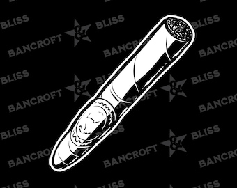 May include: Black and white illustration of a cigar with a band around the middle. The cigar is on a black background.