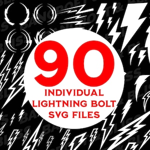 Op de afbeelding: Een witte cirkel met het nummer 90 in rode tekst, omringd door zwarte en witte bliksemschichten. De tekst "INDIVIDUAL LIGHTNING BOLT SVG FILES" staat onder de cirkel.