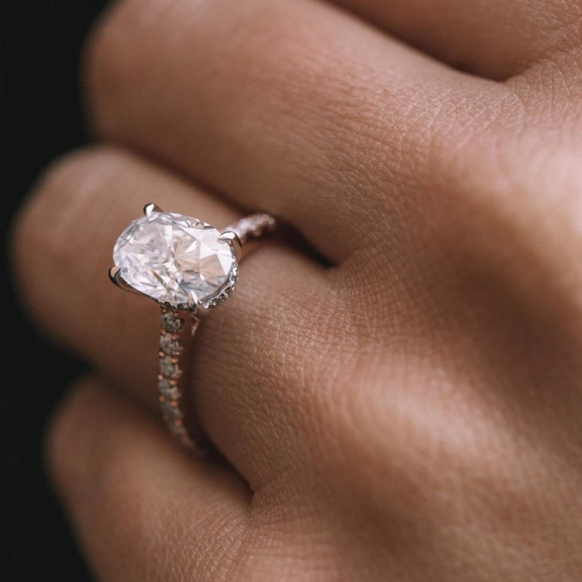 Hidden Halo Diamond Engagement Ring. Elongated Oval Cut Etsy UK