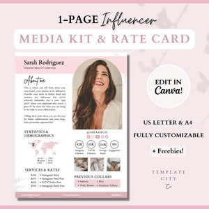 Kit de medios de 1 página y plantilla de tarjeta de tarifas / Influencer, Creador de contenido, Kit de medios de Blogger / TikTok, Kit de redes sociales de Influencer de Instagram